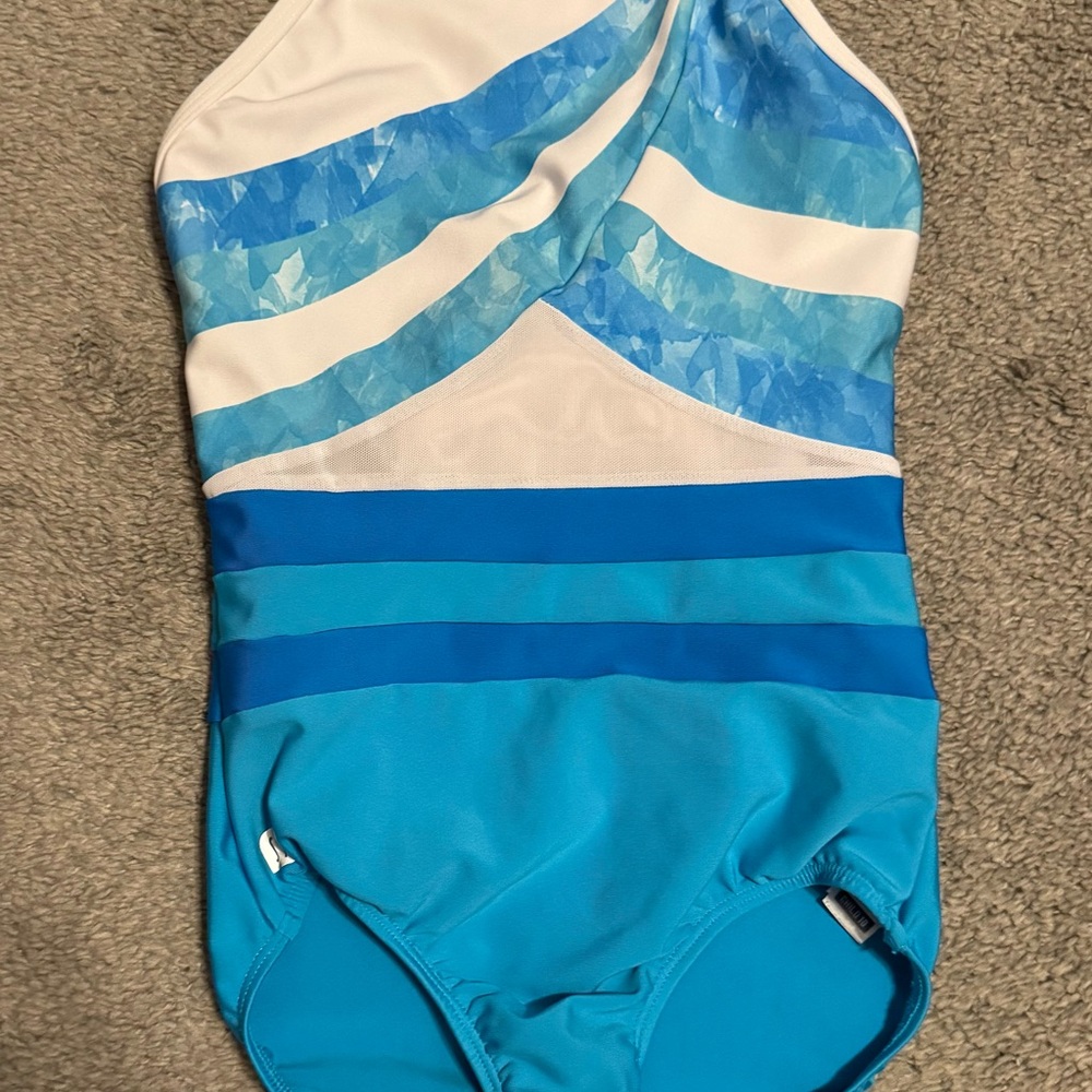 Sylvia P gymnastics leotard, Blue and White